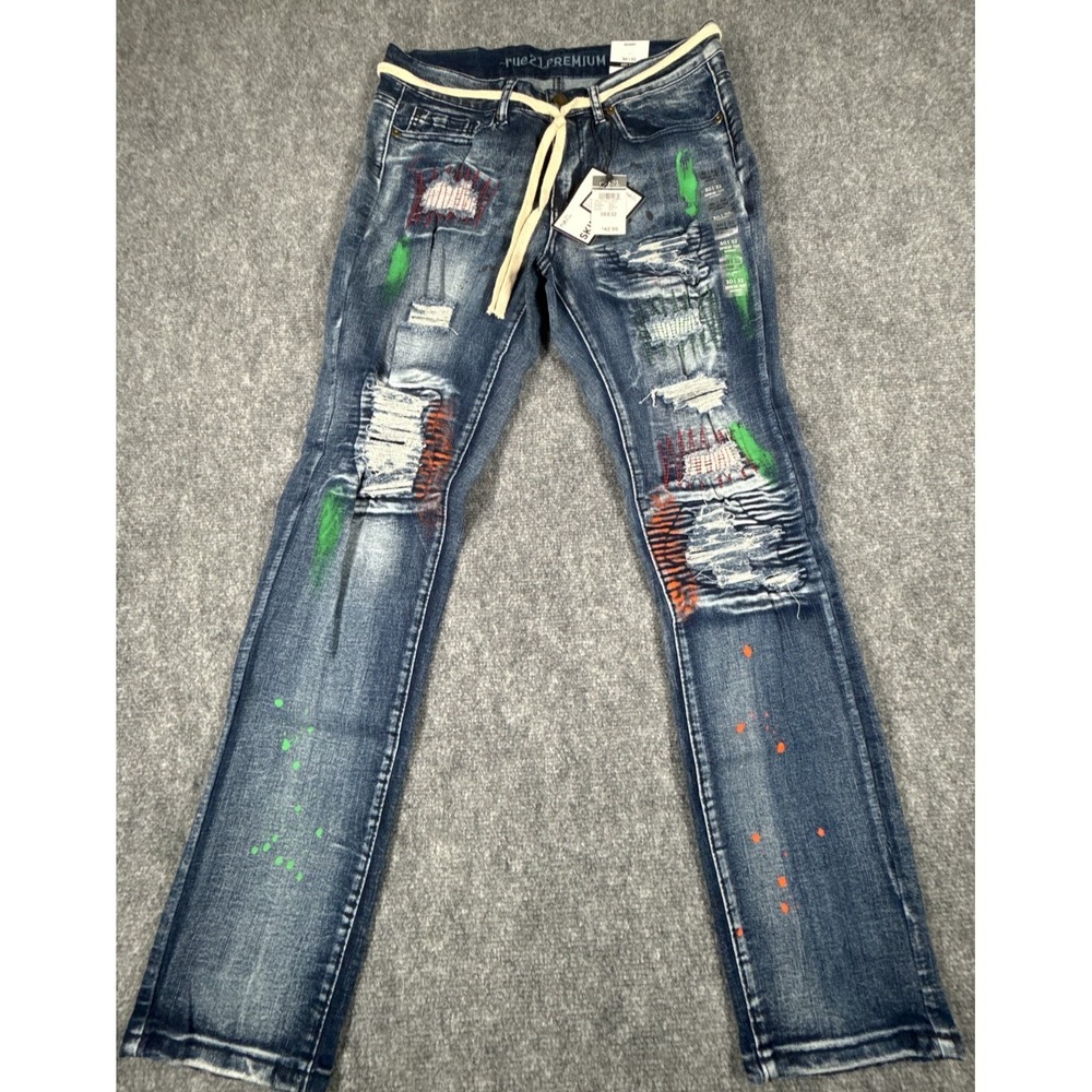 Rue21 Premium Skinny Flex Jeans Men's 30x32 Blue Distressed Paint Splatter NWT